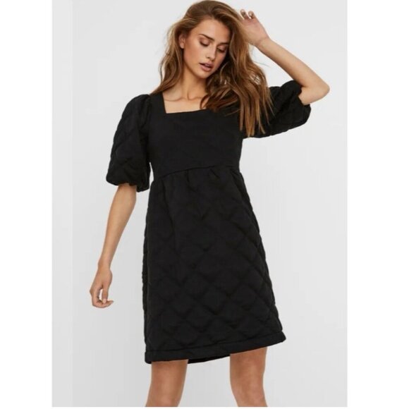 Vero Moda quilted puff sleeve mini dress Womens Medium black square neck boho - Picture 2 of 11